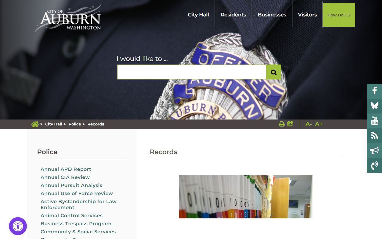 Auburn Washington police blotter records request page