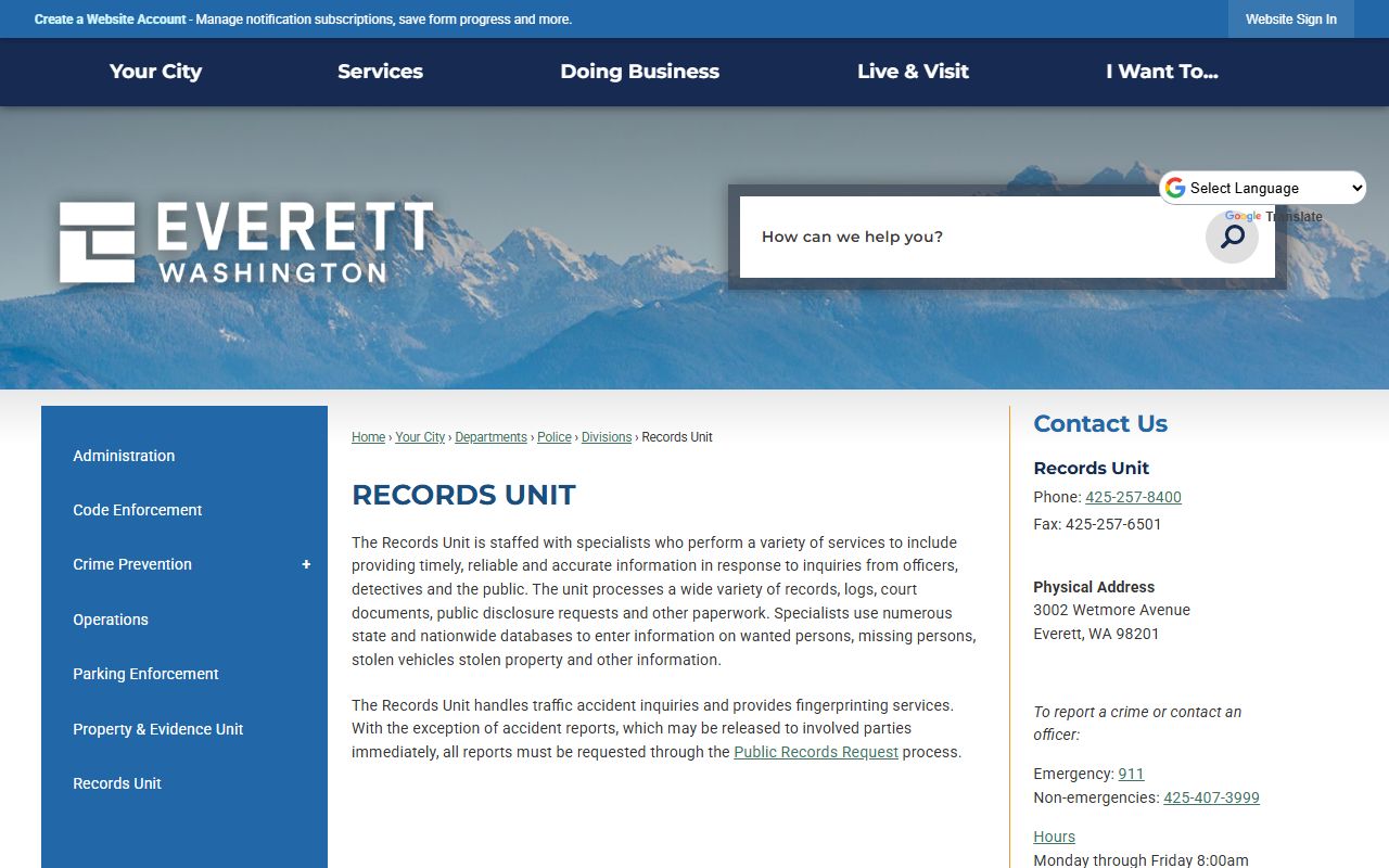 Everett Washington police blotter records unit page