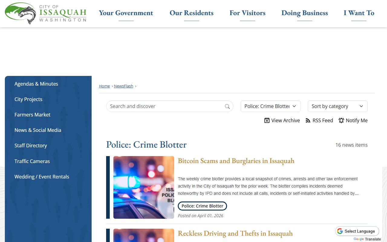 Issaquah Washington weekly crime blotter news feed