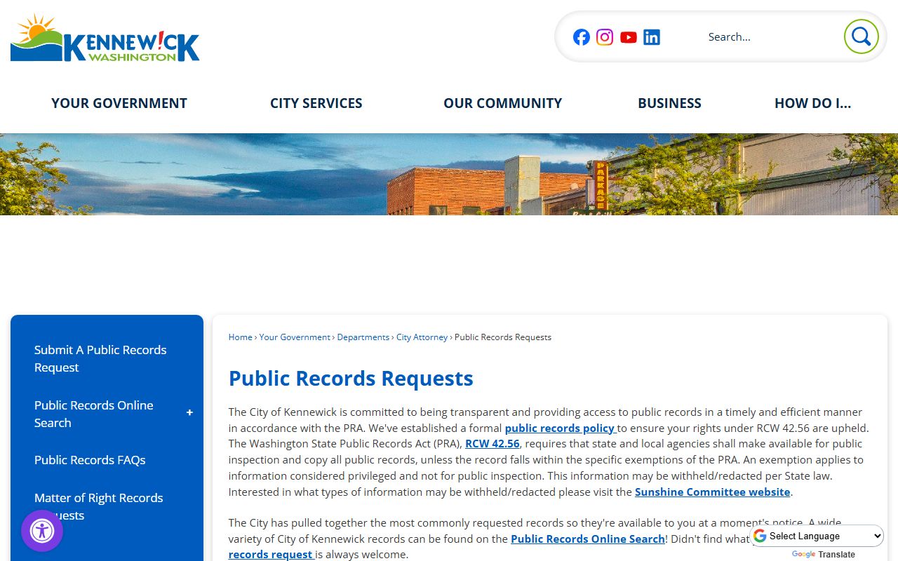 Kennewick Washington police blotter public records request page