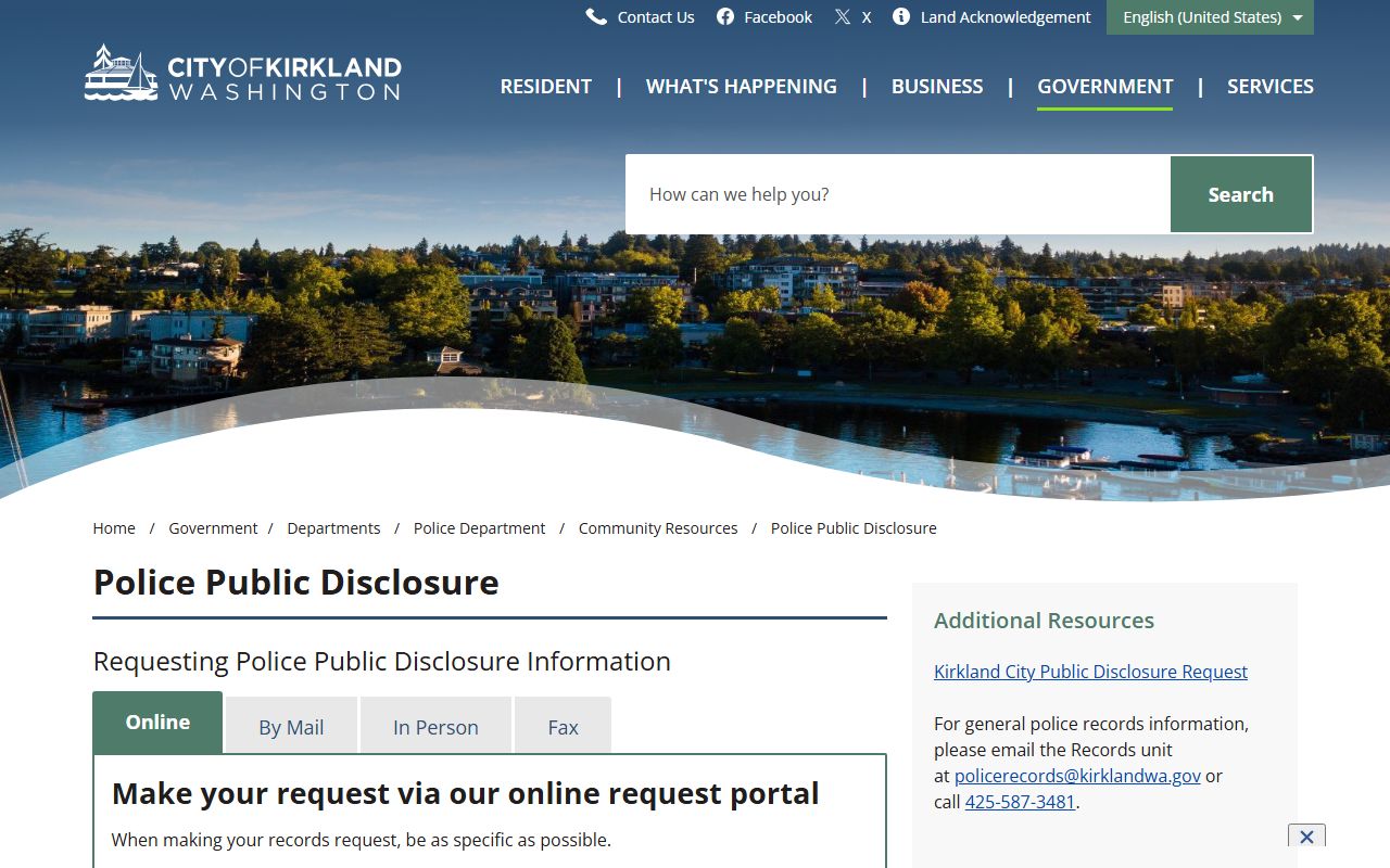Kirkland Washington police blotter public disclosure portal