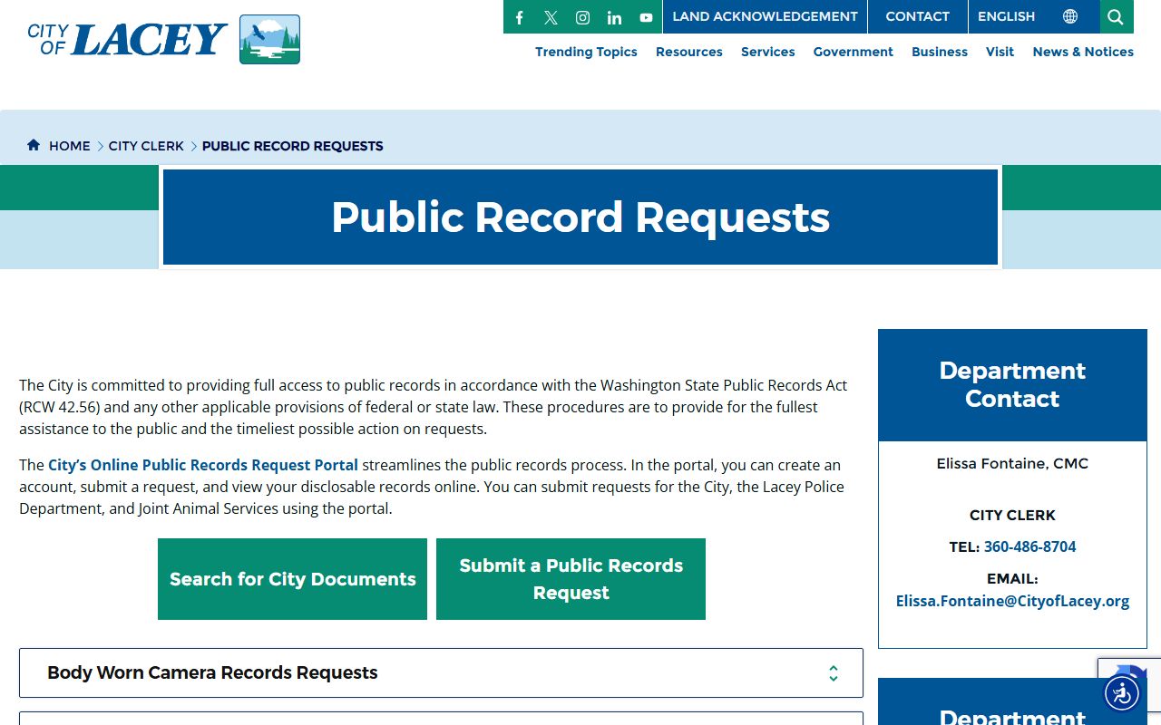 Lacey Washington police blotter public records request page