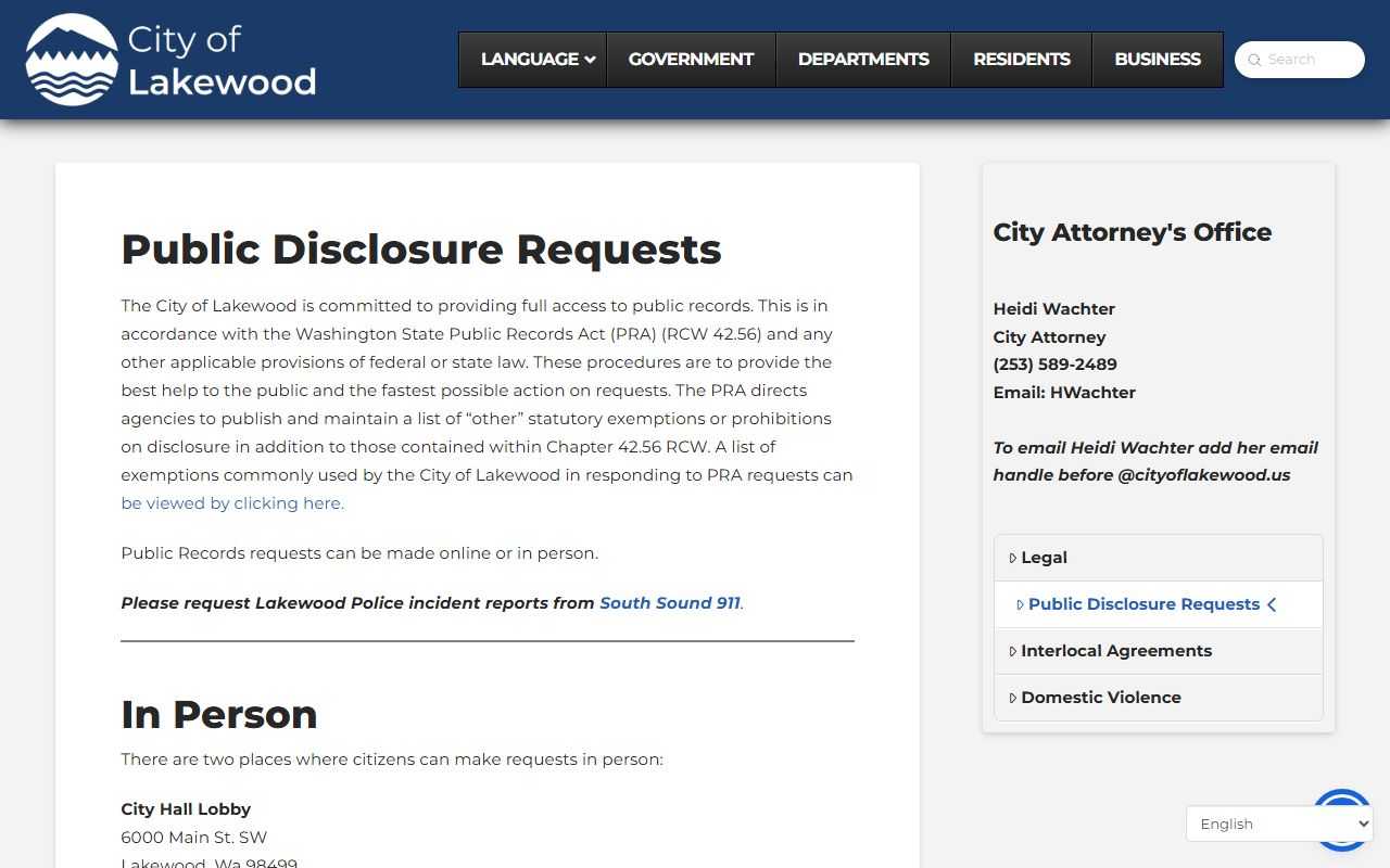Lakewood Washington police blotter public disclosure page