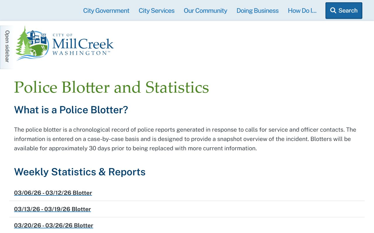 Mill Creek East Washington police blotter and statistics page at millcreekwa.gov