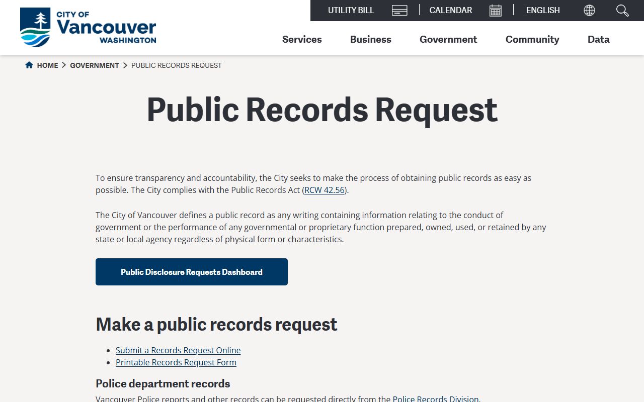 Vancouver Washington police blotter public records request page