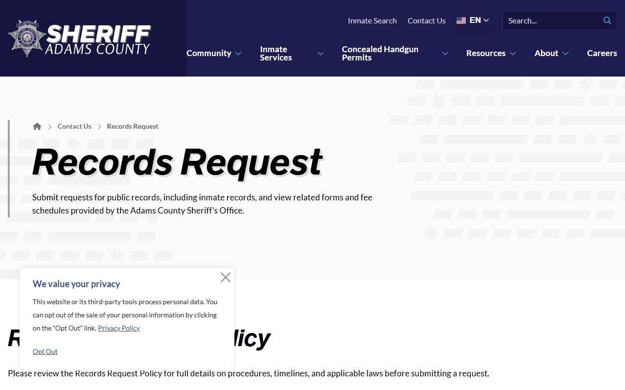 Adams County records request page for police blotter and incident reports