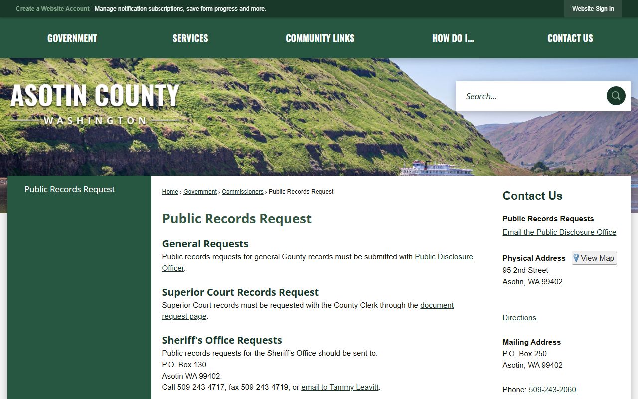 Asotin County public records request page for police blotter and incident reports