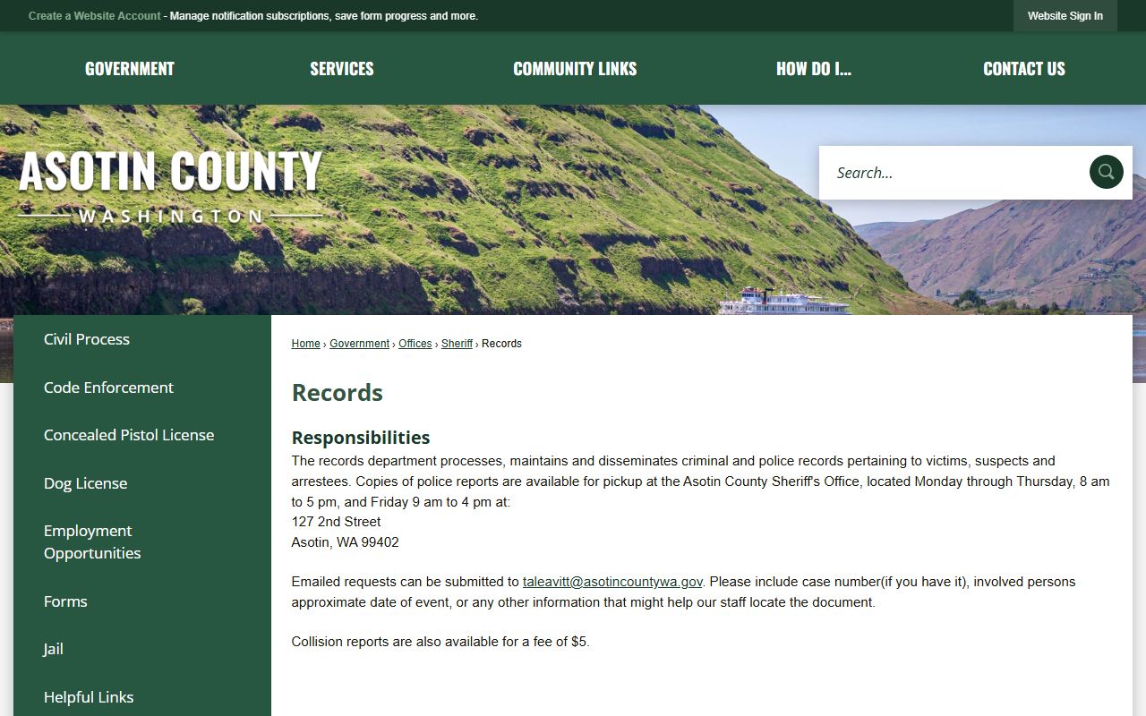 Asotin County Sheriff records page for police blotter and public records