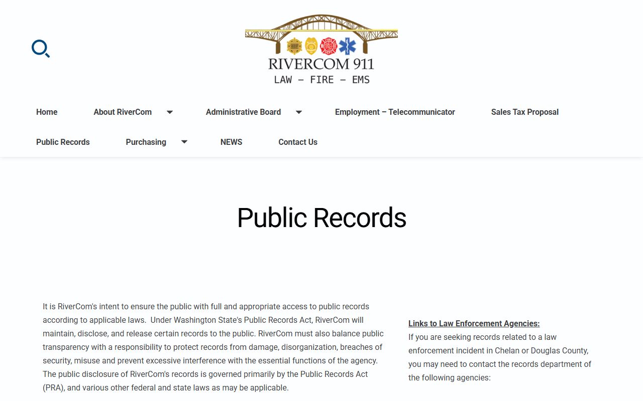 Chelan County RiverCom 911 public records for police blotter and dispatch logs
