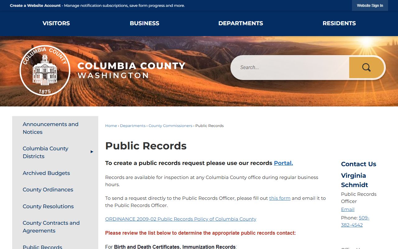 Columbia County public records page for police blotter and incident report requests