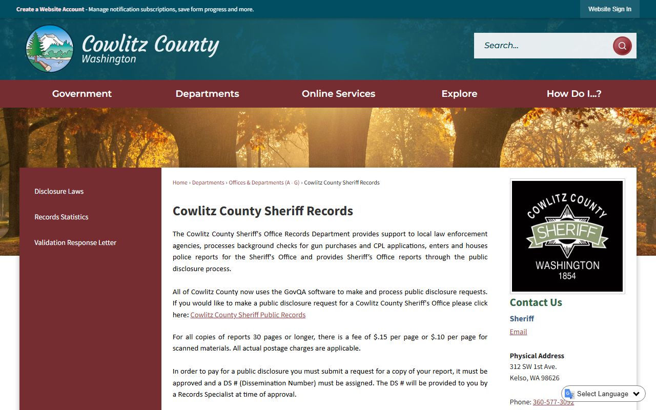 Cowlitz County Sheriff records request page for police blotter and incident reports