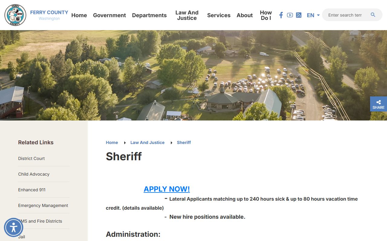 Ferry County Sheriff's Office page for police blotter and records requests