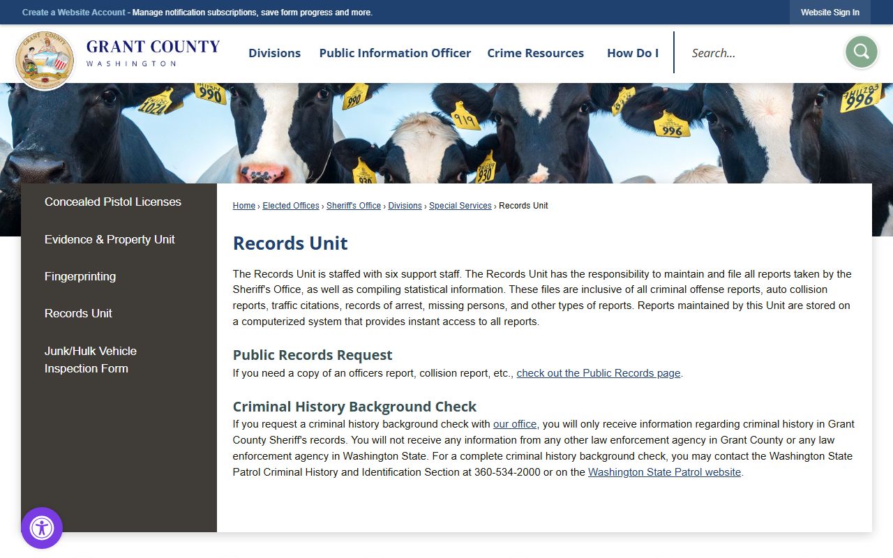 Grant County Records Unit page for requesting police blotter and incident reports