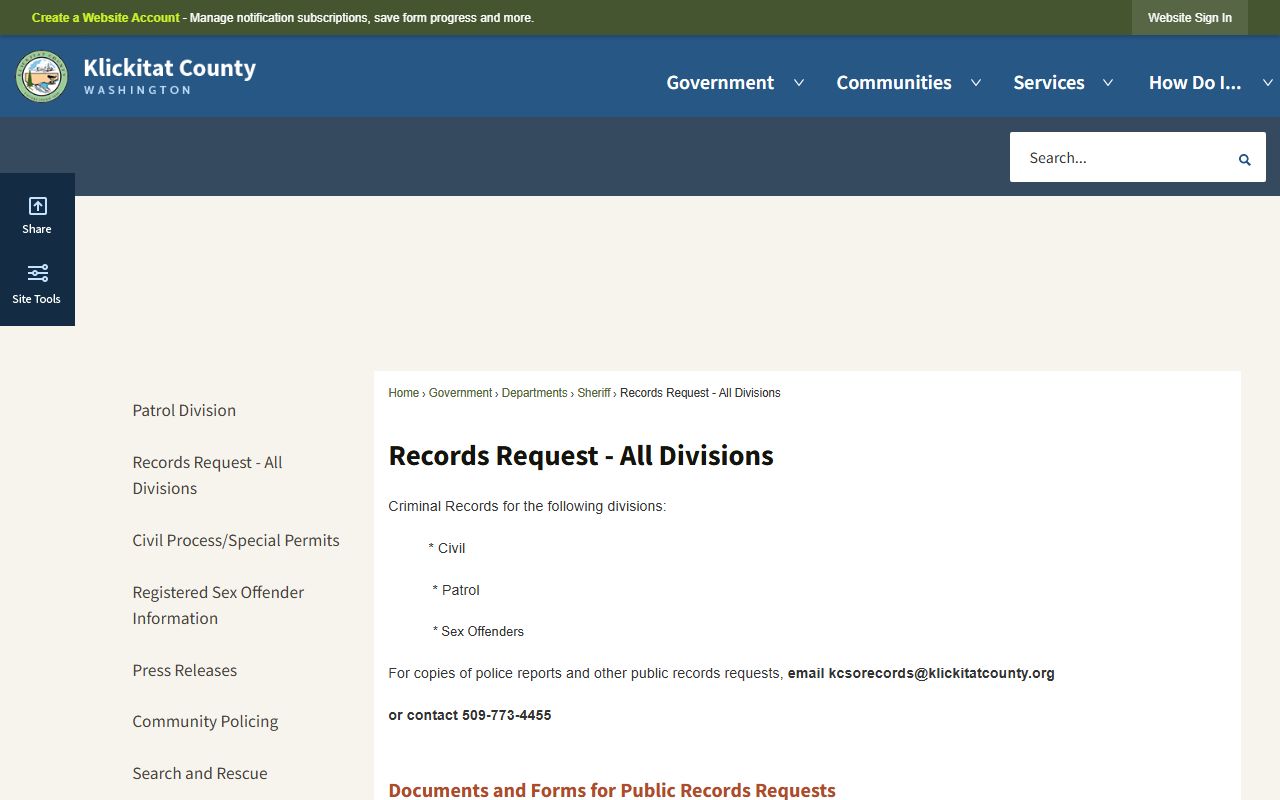 Klickitat County police blotter records request form