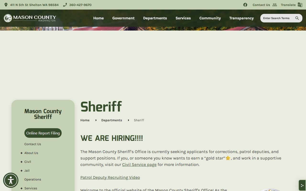 Mason County Sheriff's Office website for police blotter records