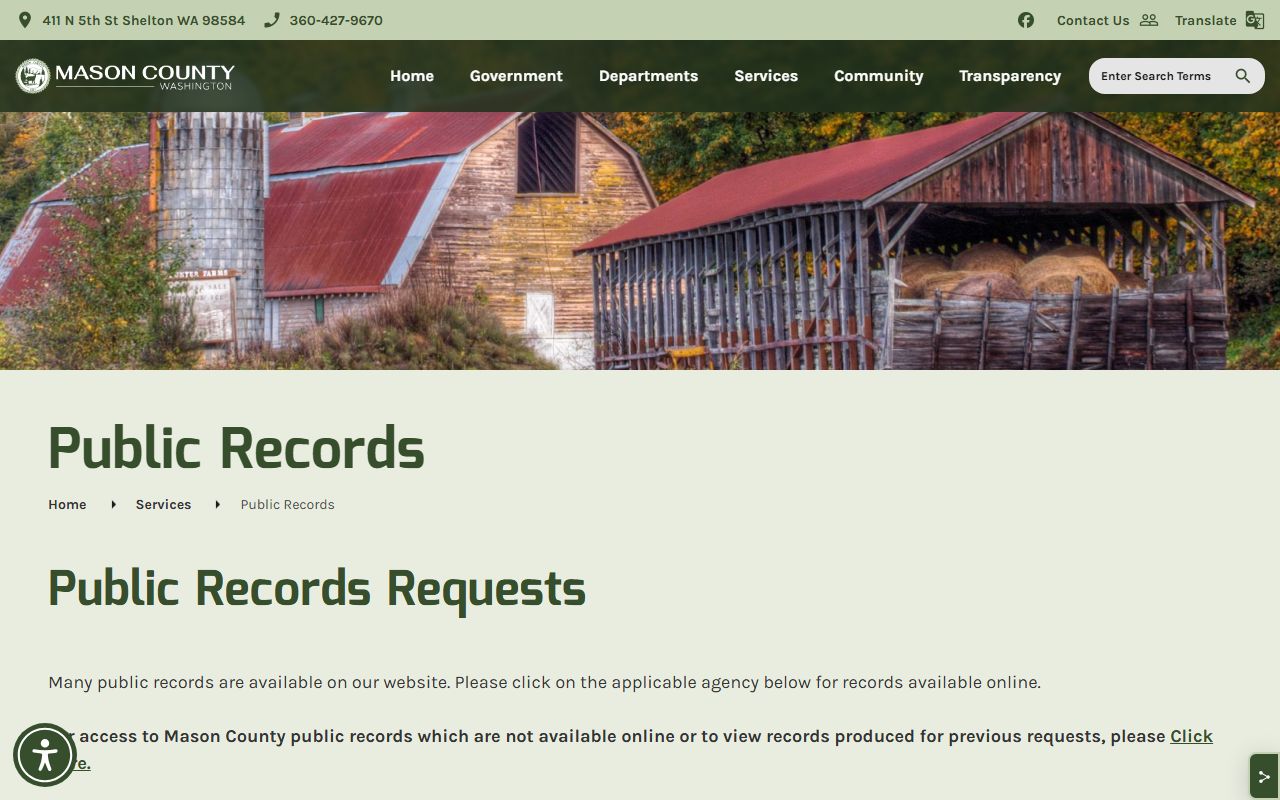 Mason County public records request page for police blotter and incident reports