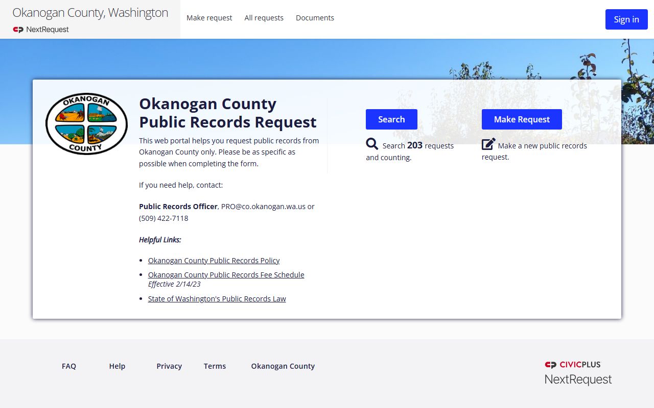 Okanogan County NextRequest public records portal for police blotter requests
