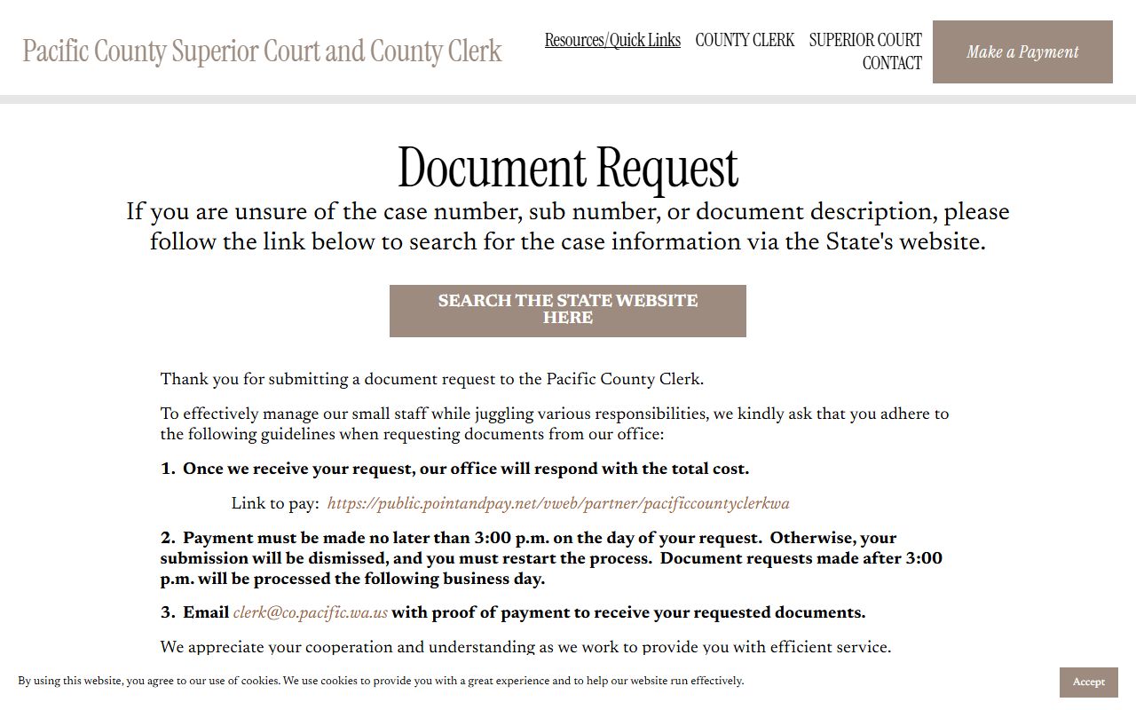 Pacific County Clerk document request page for court records and case filings