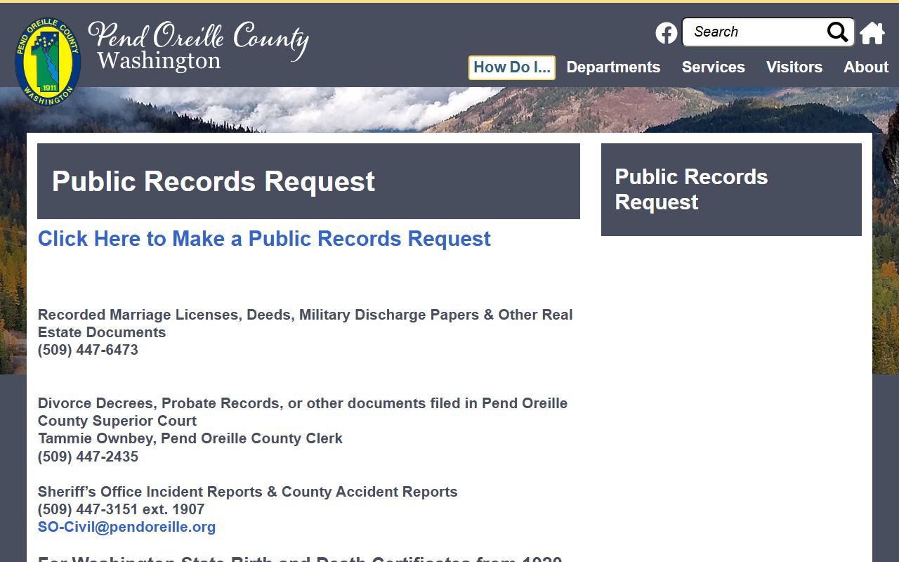 Pend Oreille County public records request page for blotter and incident reports