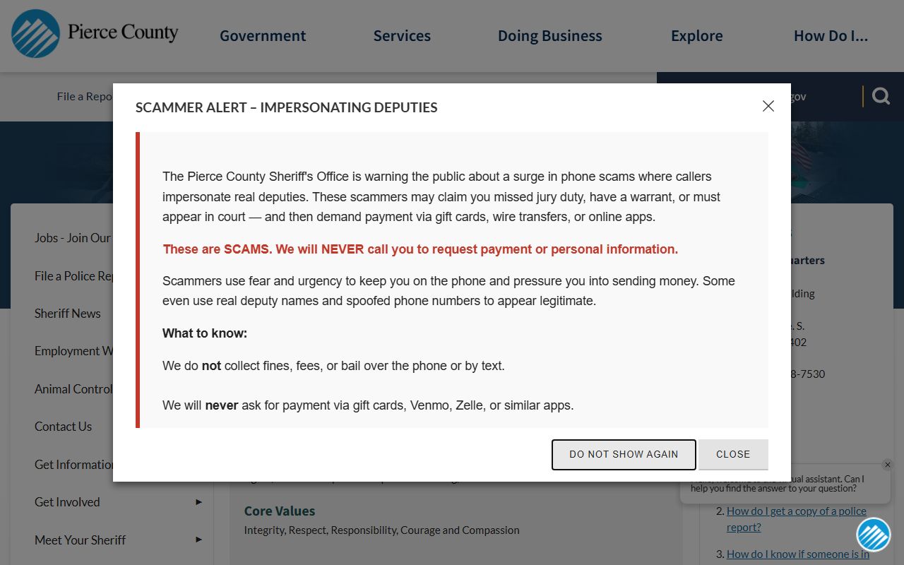 Pierce County Sheriff's Office website with police blotter and public records access