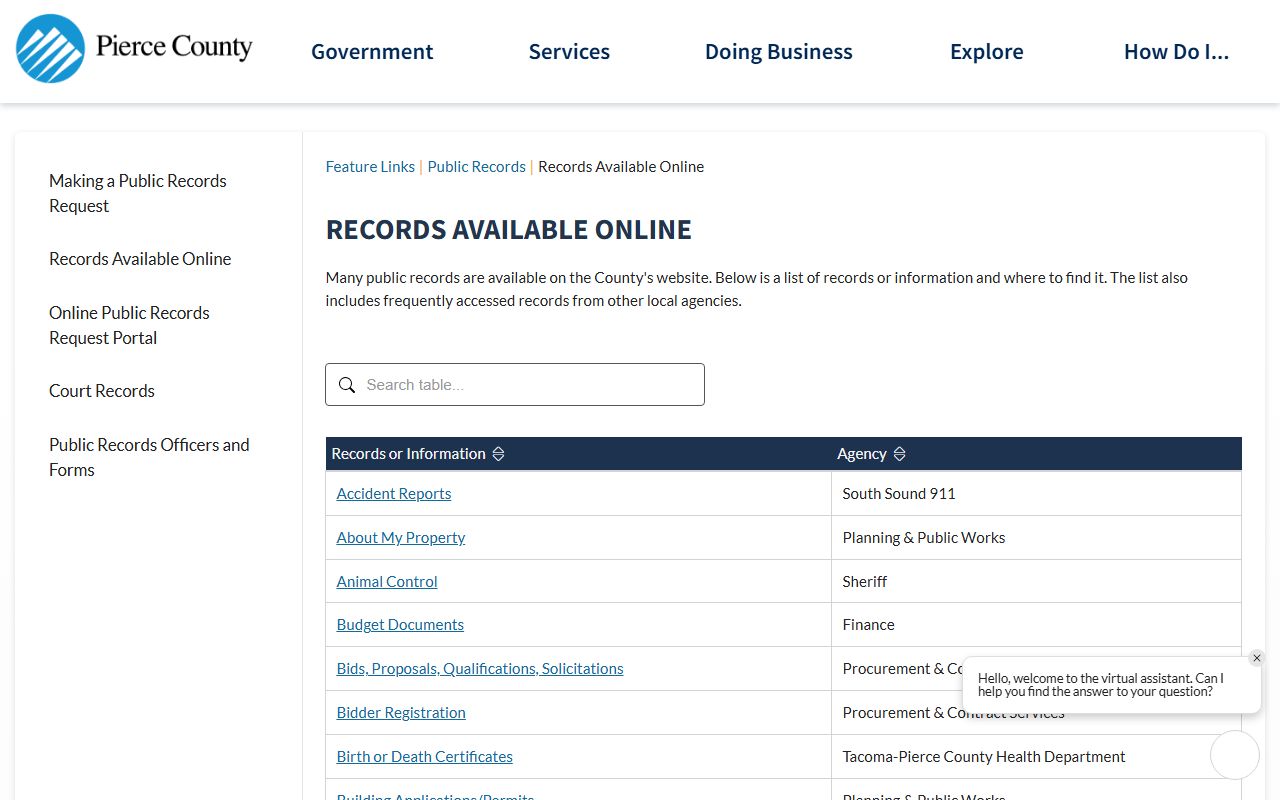 Pierce County Sheriff showing available online records and request options
