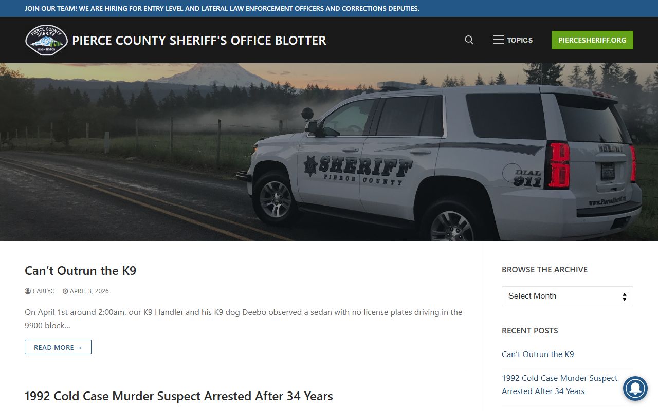 Pierce County Sheriff blotter blog showing recent arrests and incident updates