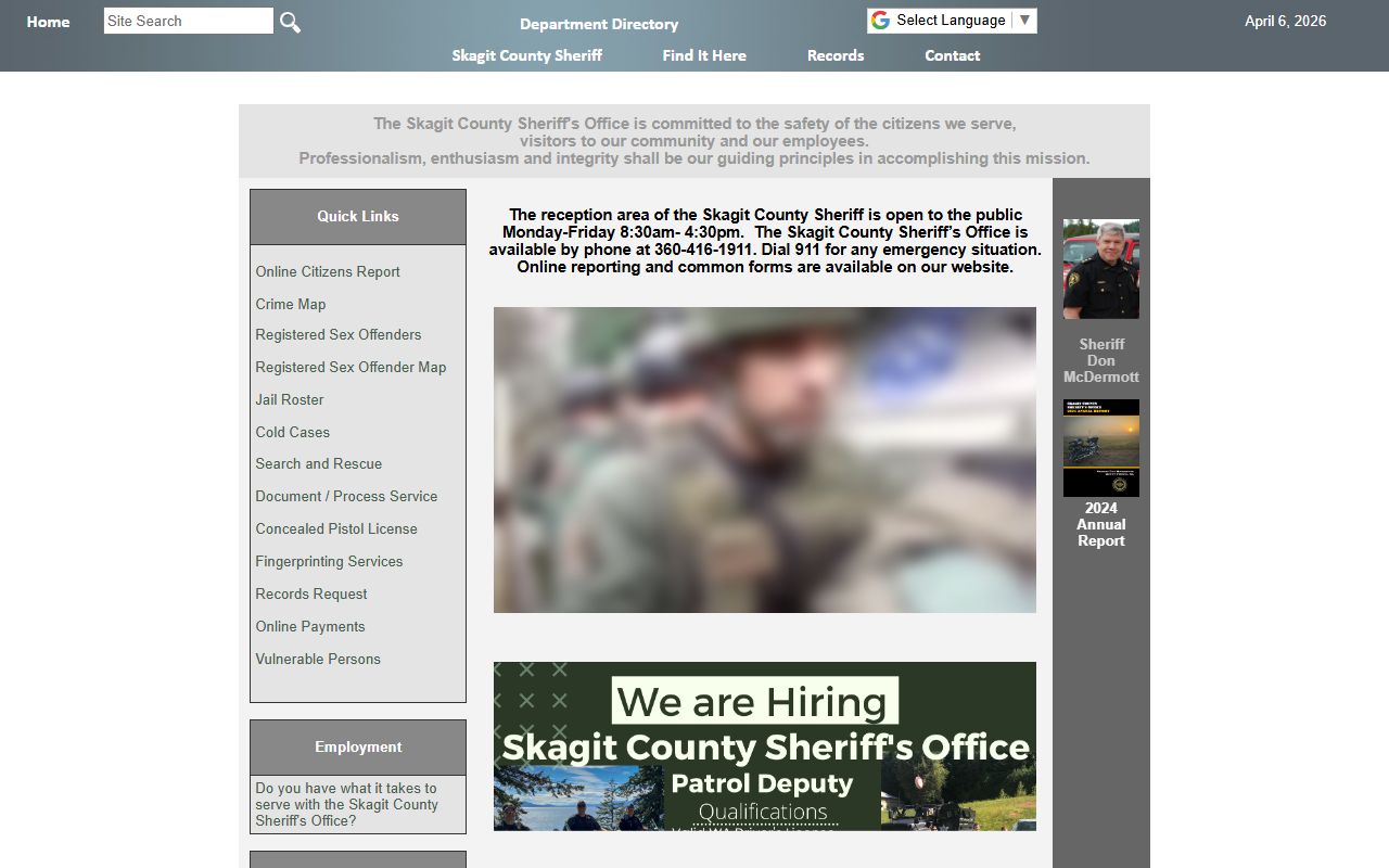 Skagit County Sheriff's Office website for police blotter and law enforcement records