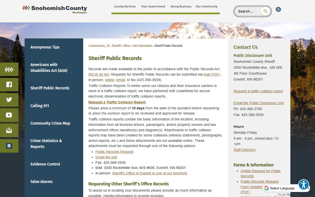 Snohomish County Sheriff's Office website for police blotter and public records
