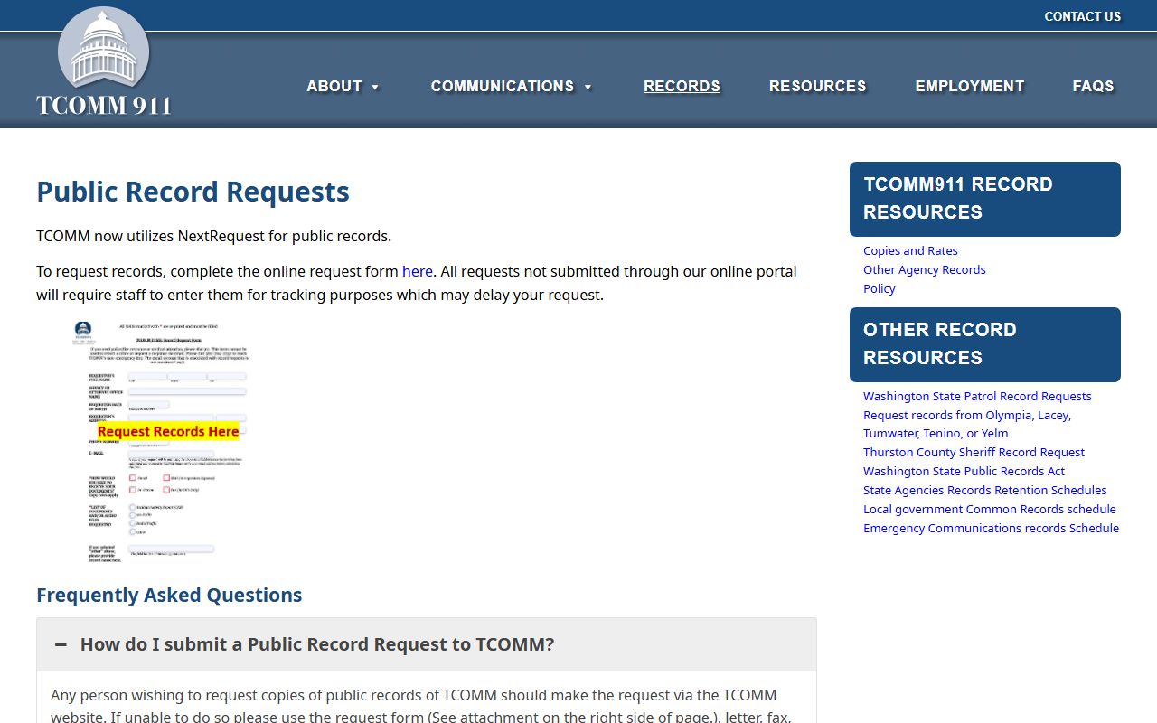 TCOMM 911 records requests for Thurston County dispatch and police blotter data