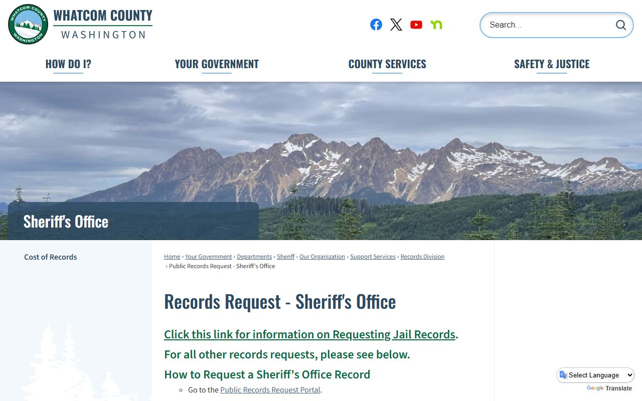 Whatcom County Sheriff public records request page for police blotter and incident reports