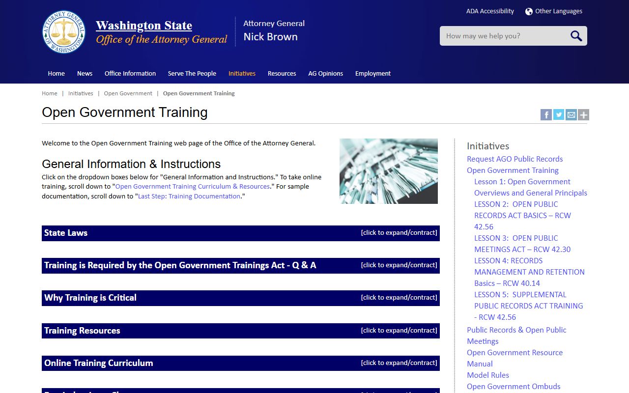 Washington Attorney General open government training for public records and police blotter requests