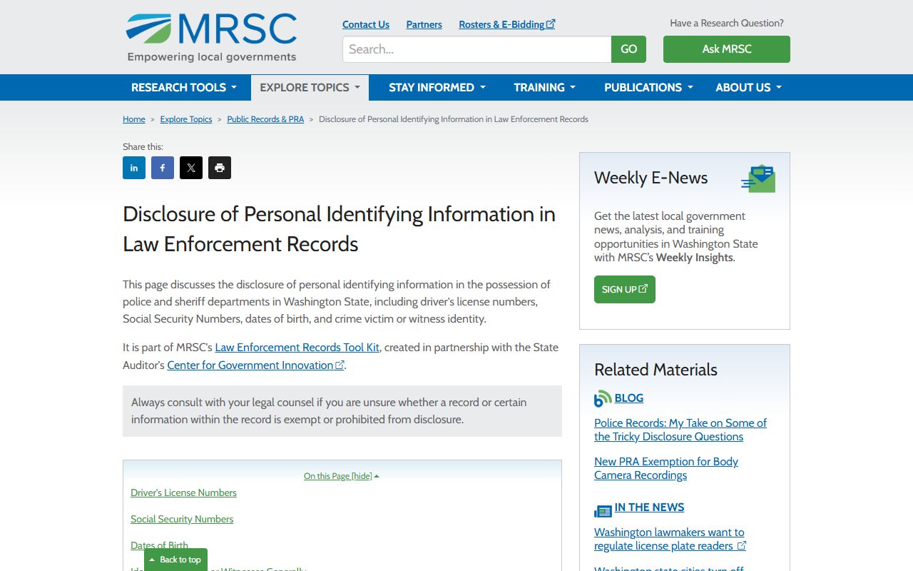 MRSC Washington law enforcement records guidance on police blotter exemptions and personal identifying information