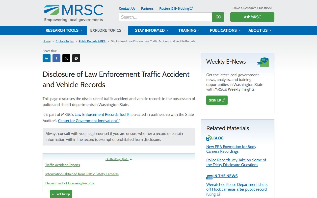 Washington MRSC traffic accident records guidance for police blotter and collision report research