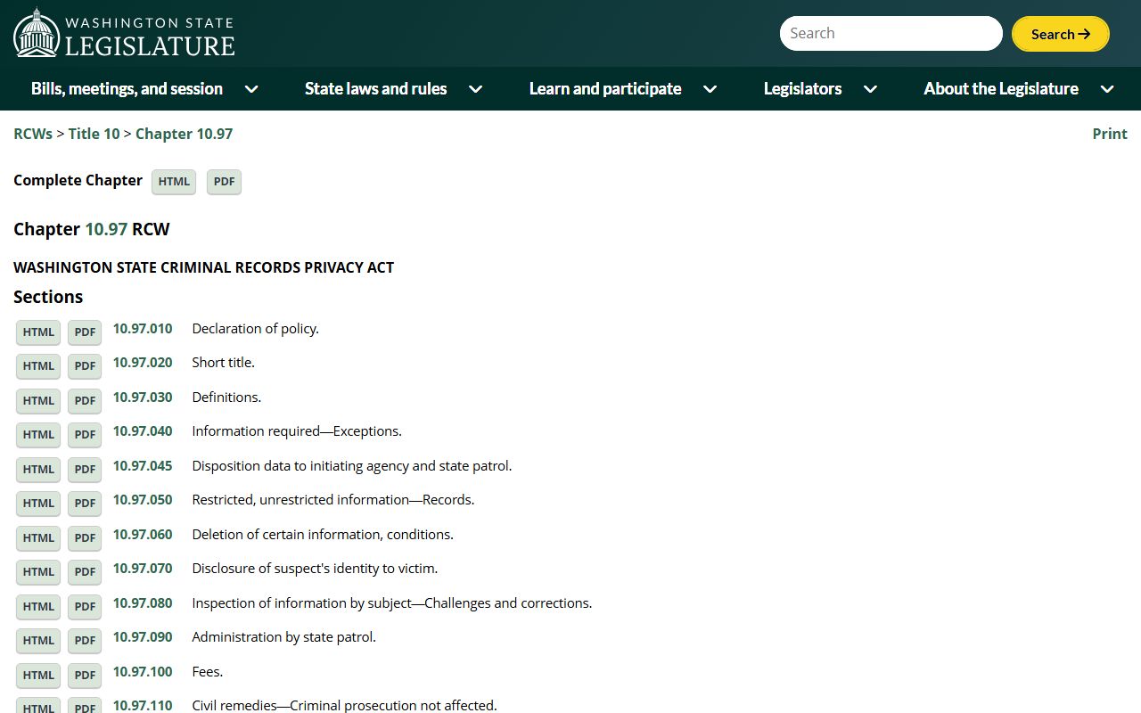 Washington RCW 10.97 Criminal Records Privacy Act governing police blotter and criminal history records