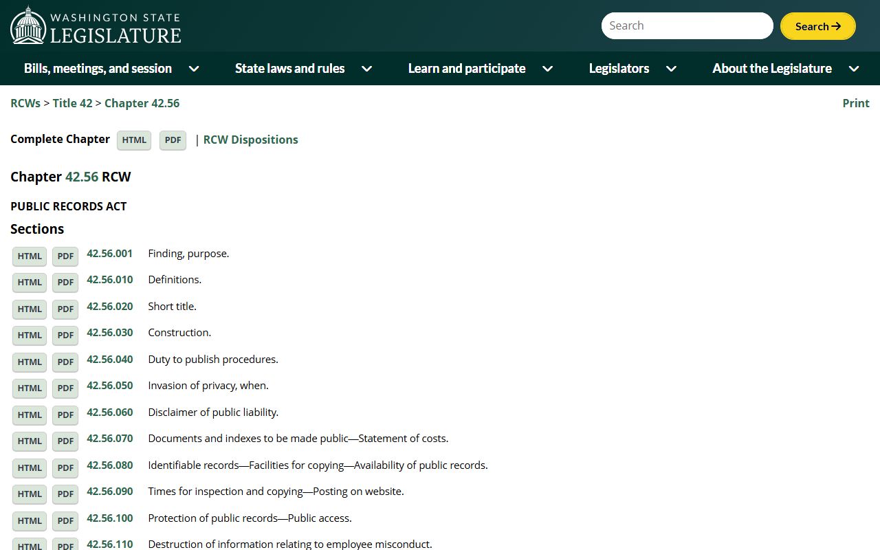 Washington RCW 42.56 Public Records Act governing police blotter access