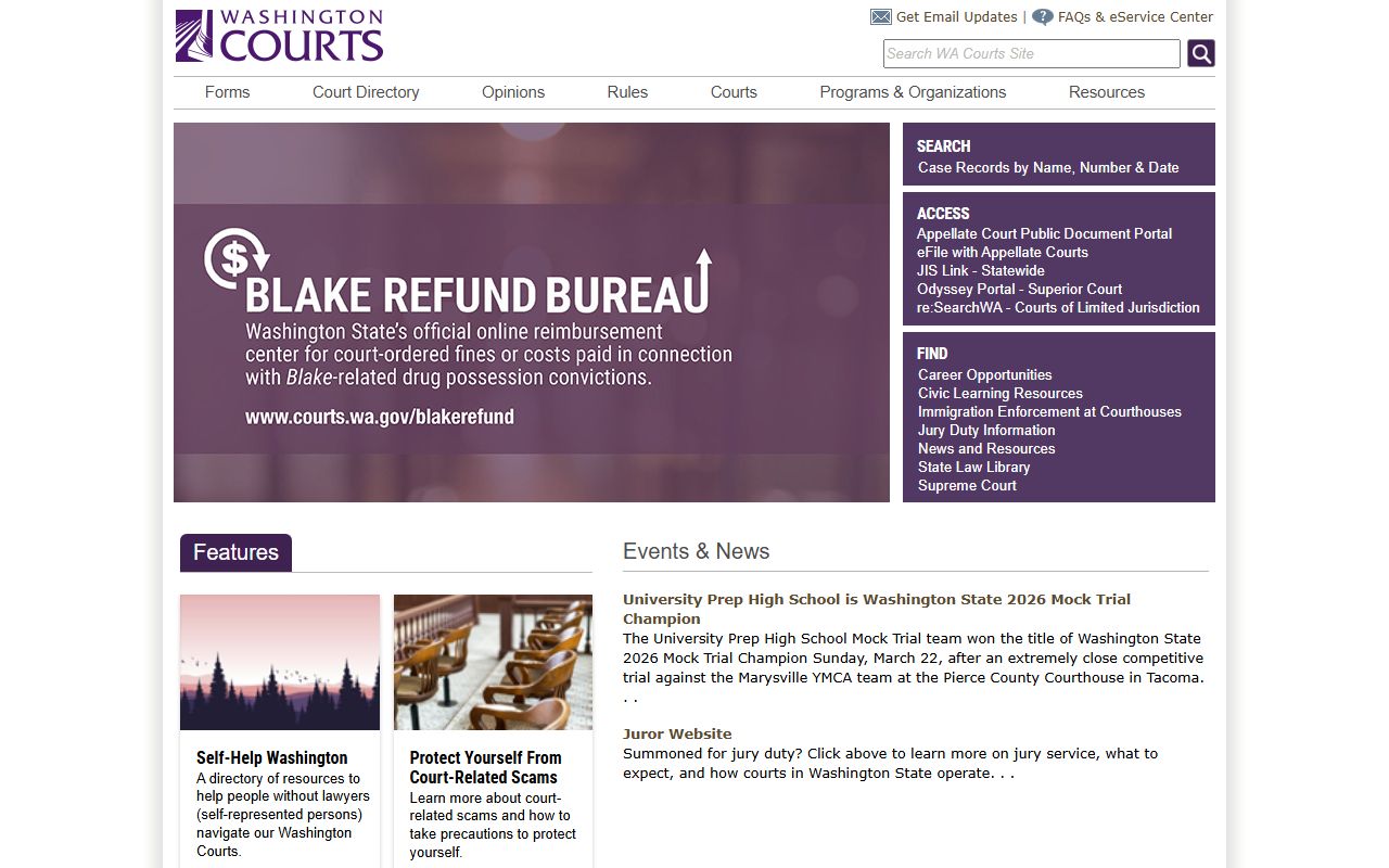 Washington State Courts website for searching court records related to police blotter arrests
