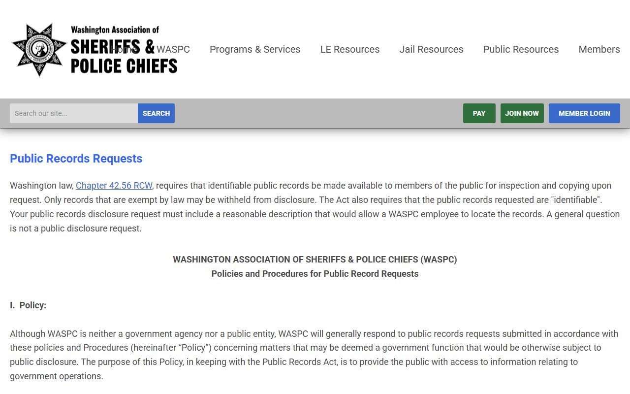 WASPC Washington police blotter and public records request policies